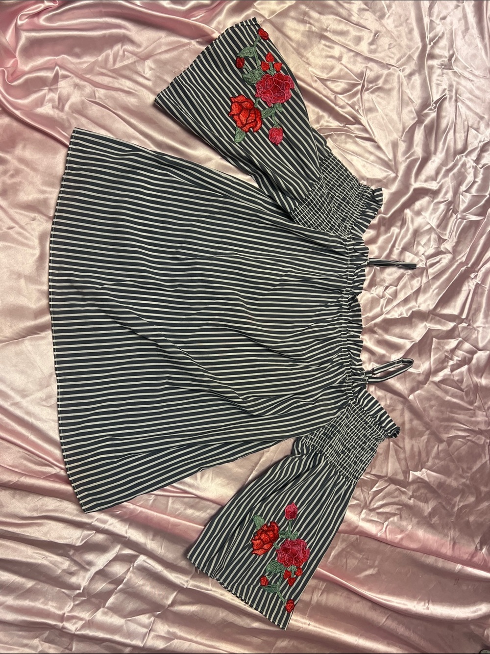 Striped Off-Shoulder Top with Red Floral Embroidery - Navy/White